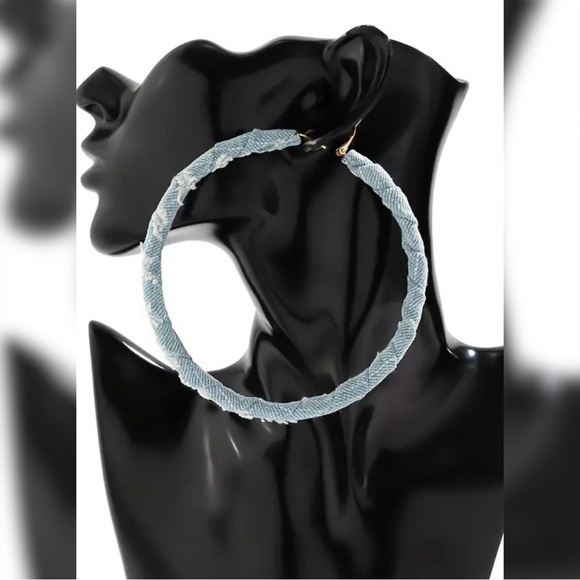 Bold Denim Hoop Earrings Light Wash Blue 3.5” Drop - Picture 4 of 8